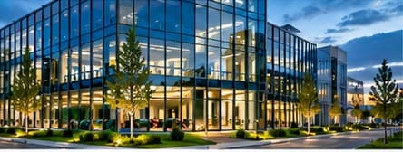 Glass-fronted commercial building lit at dusk