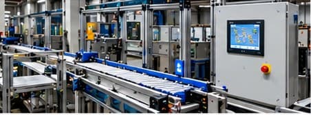 Conveyor line beside a control cabinet with a touchscreen HMI