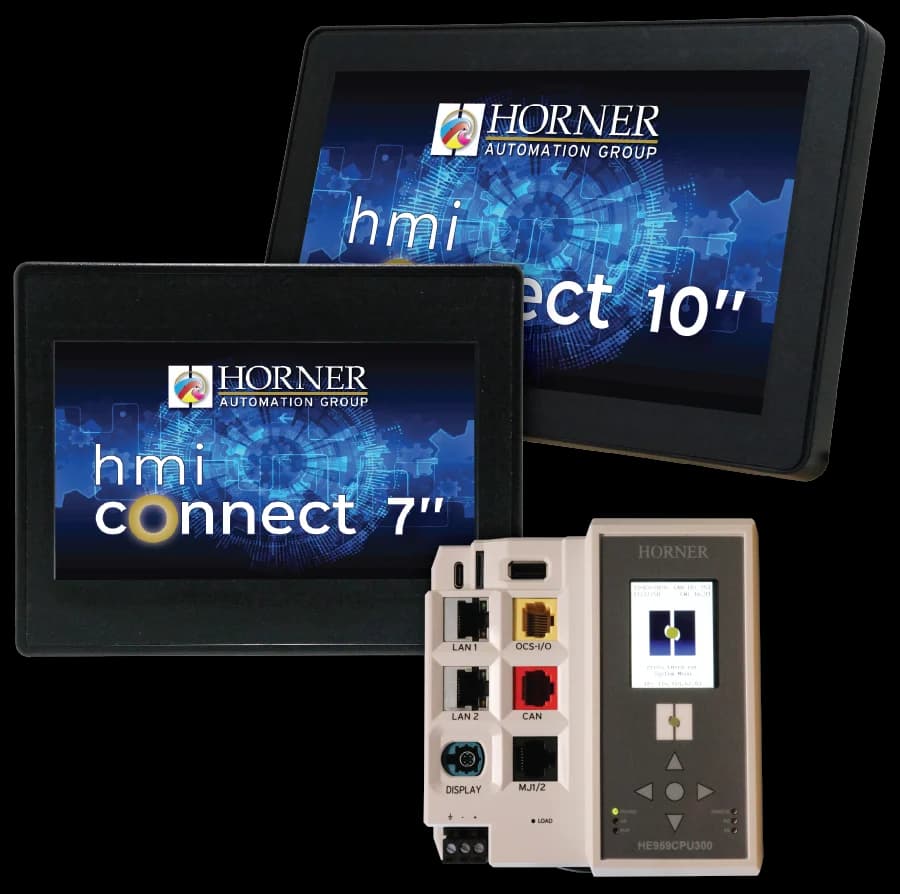 Horner CPU300 controller alongside HMI Connect 7 and 10 inch displays