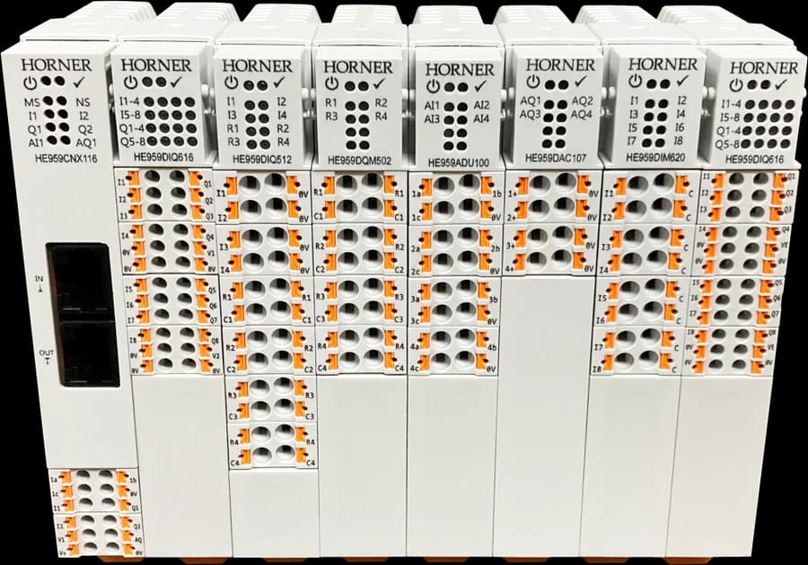 A row of Horner OCS-I/O modules on a base