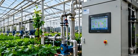 Greenhouse heating pipework and pumps beside a control cabinet with an HMI