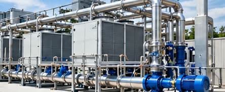Industrial chiller units with pipework and circulation pumps