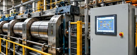 Rolling mill rolls beside a control cabinet with a touchscreen HMI